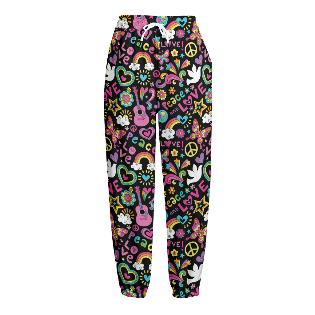 Hippie Peace Sign And Love Pattern Print Fleece Lined Knit Pants