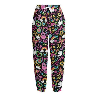 Hippie Peace Sign And Love Pattern Print Fleece Lined Knit Pants