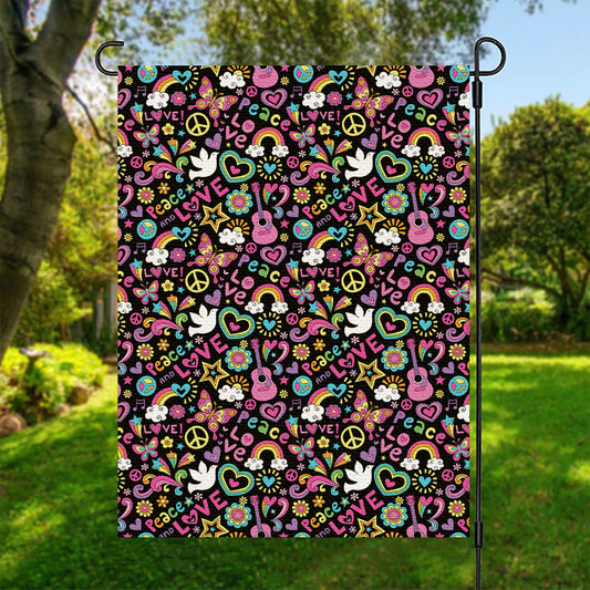 Hippie Peace Sign And Love Pattern Print Garden Flag