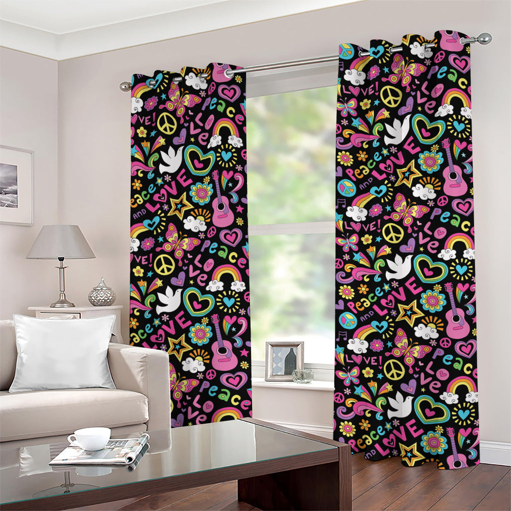 Hippie Peace Sign And Love Pattern Print Grommet Curtains