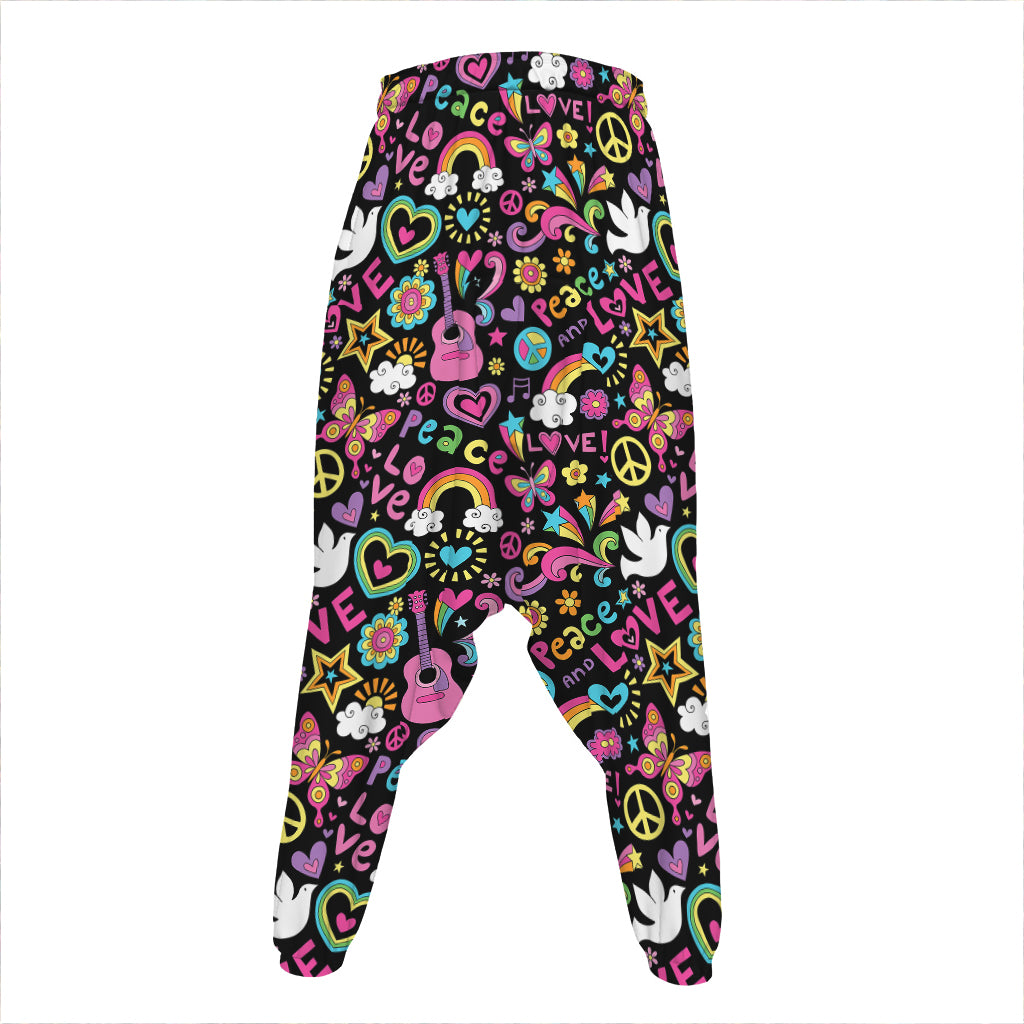 Hippie Peace Sign And Love Pattern Print Hammer Pants
