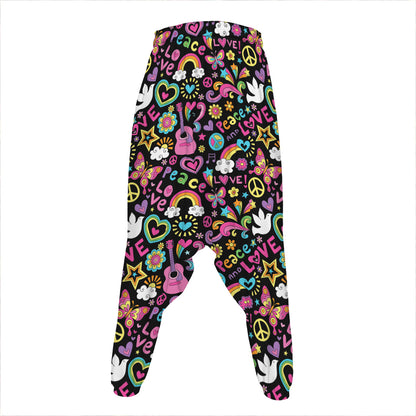 Hippie Peace Sign And Love Pattern Print Hammer Pants