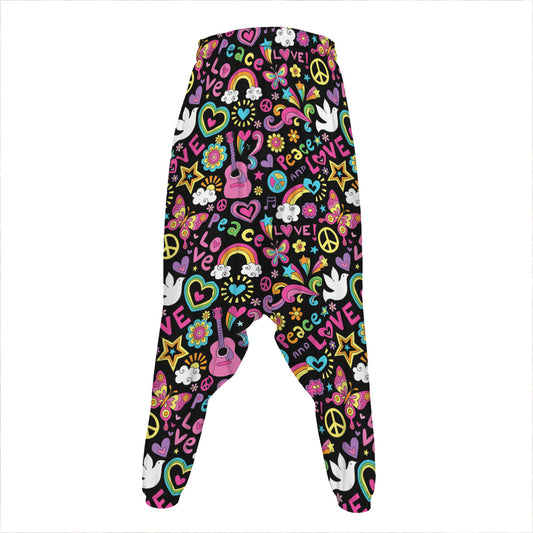 Hippie Peace Sign And Love Pattern Print Hammer Pants