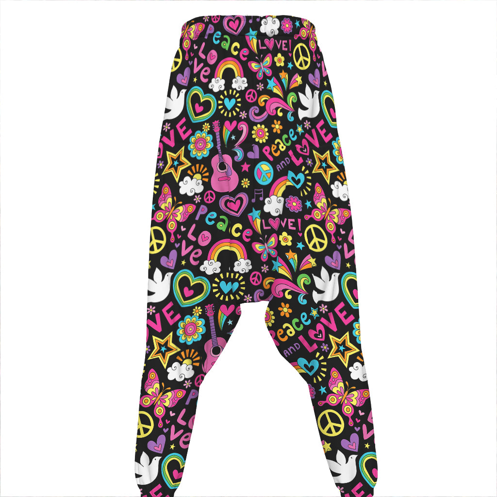 Hippie Peace Sign And Love Pattern Print Hammer Pants