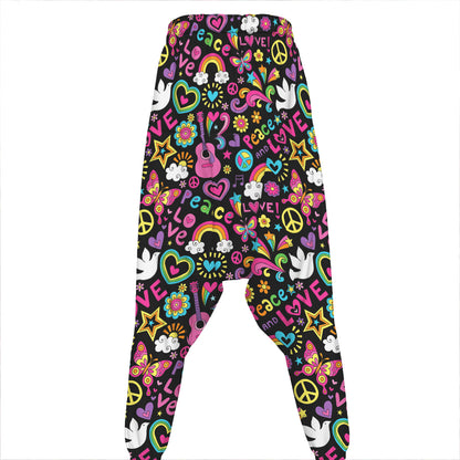 Hippie Peace Sign And Love Pattern Print Hammer Pants