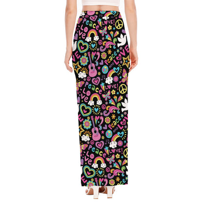 Hippie Peace Sign And Love Pattern Print High Slit Maxi Skirt
