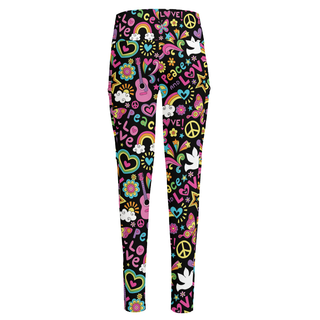 Hippie Peace Sign And Love Pattern Print High-Waisted Pocket Leggings