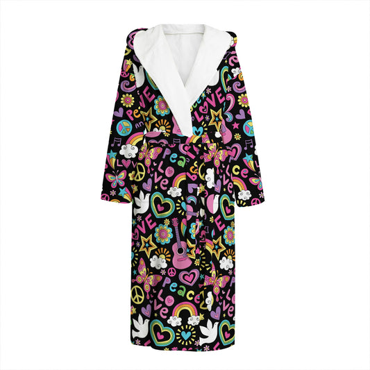 Hippie Peace Sign And Love Pattern Print Hooded Bathrobe