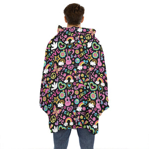 Hippie Peace Sign And Love Pattern Print Hoodie Blanket