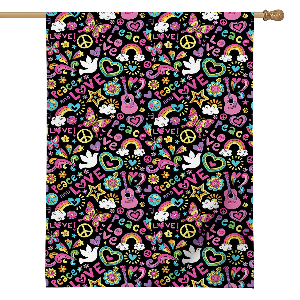 Hippie Peace Sign And Love Pattern Print House Flag