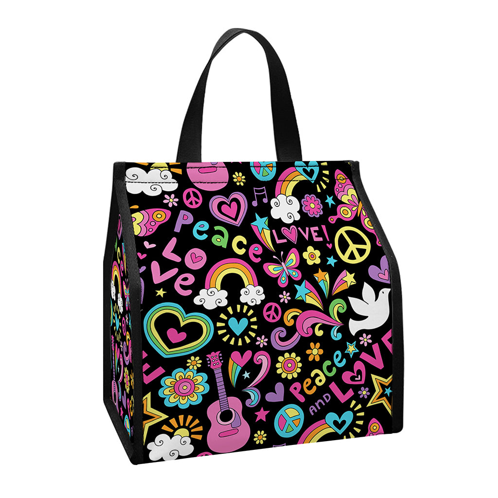 Hippie Peace Sign And Love Pattern Print Insulated Lunch Tote