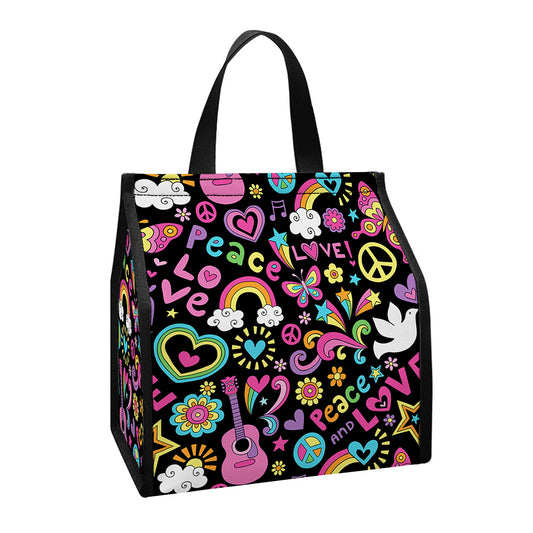 Hippie Peace Sign And Love Pattern Print Insulated Lunch Tote