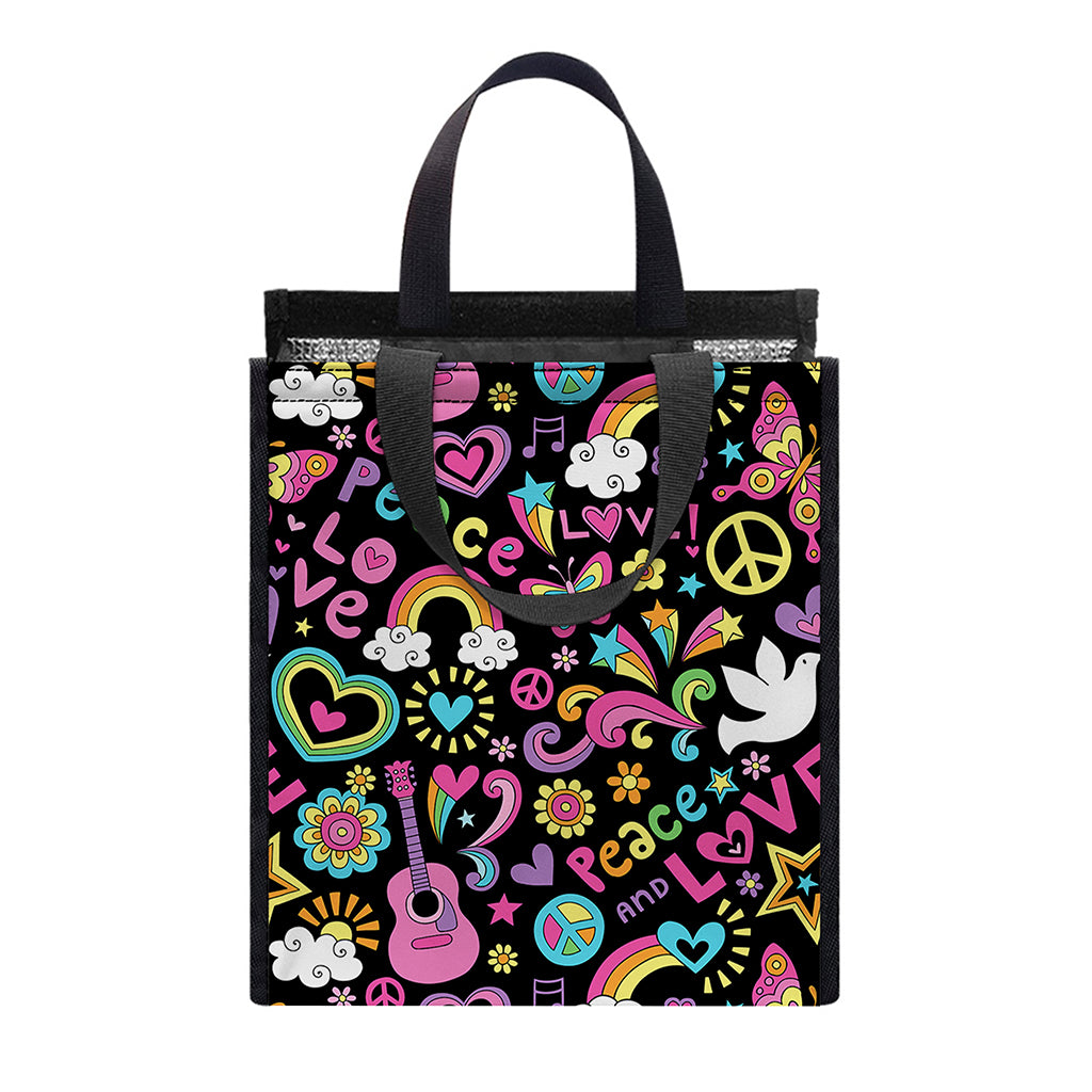 Hippie Peace Sign And Love Pattern Print Insulated Lunch Tote