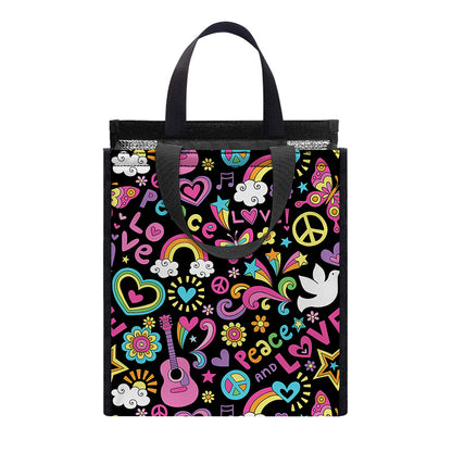 Hippie Peace Sign And Love Pattern Print Insulated Lunch Tote