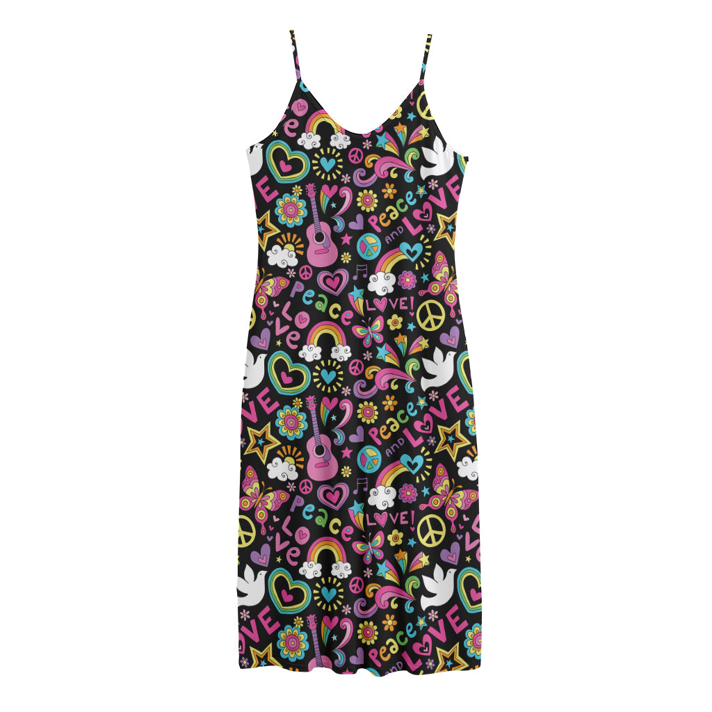 Hippie Peace Sign And Love Pattern Print Jersey Midi Cami Dress