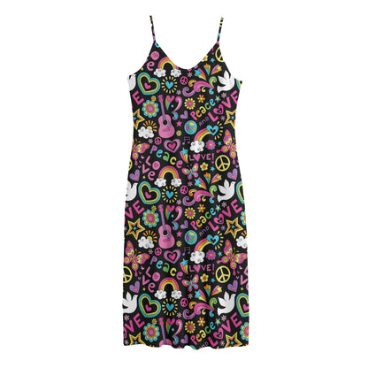 Hippie Peace Sign And Love Pattern Print Jersey Midi Cami Dress