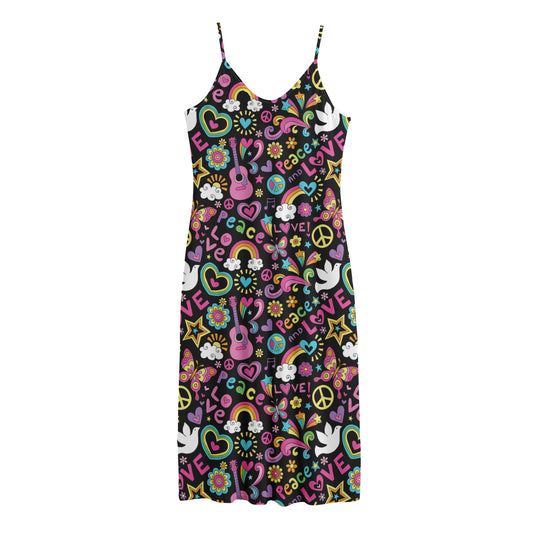 Hippie Peace Sign And Love Pattern Print Jersey Midi Cami Dress