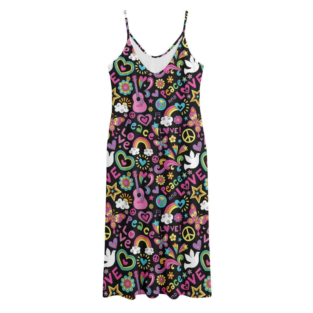 Hippie Peace Sign And Love Pattern Print Jersey Midi Cami Dress