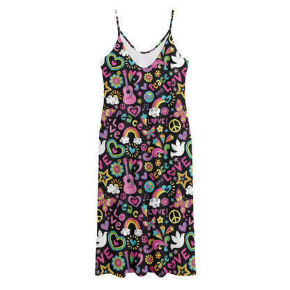 Hippie Peace Sign And Love Pattern Print Jersey Midi Cami Dress