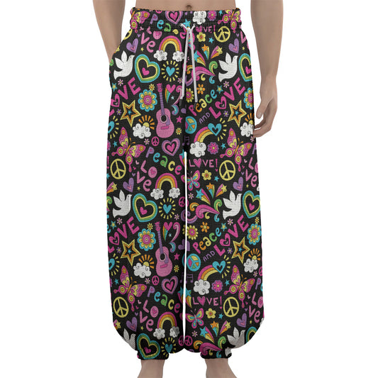 Hippie Peace Sign And Love Pattern Print Lantern Pants