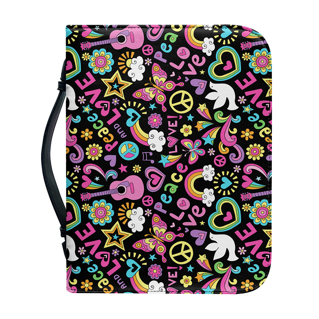 Hippie Peace Sign And Love Pattern Print Leather Bible Cover