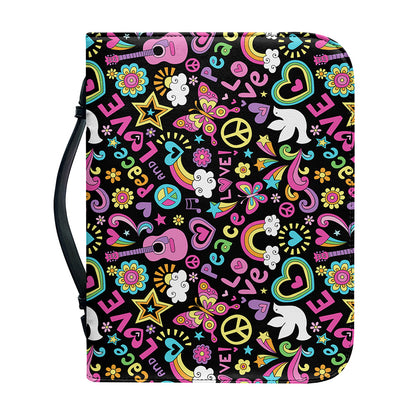 Hippie Peace Sign And Love Pattern Print Leather Bible Cover