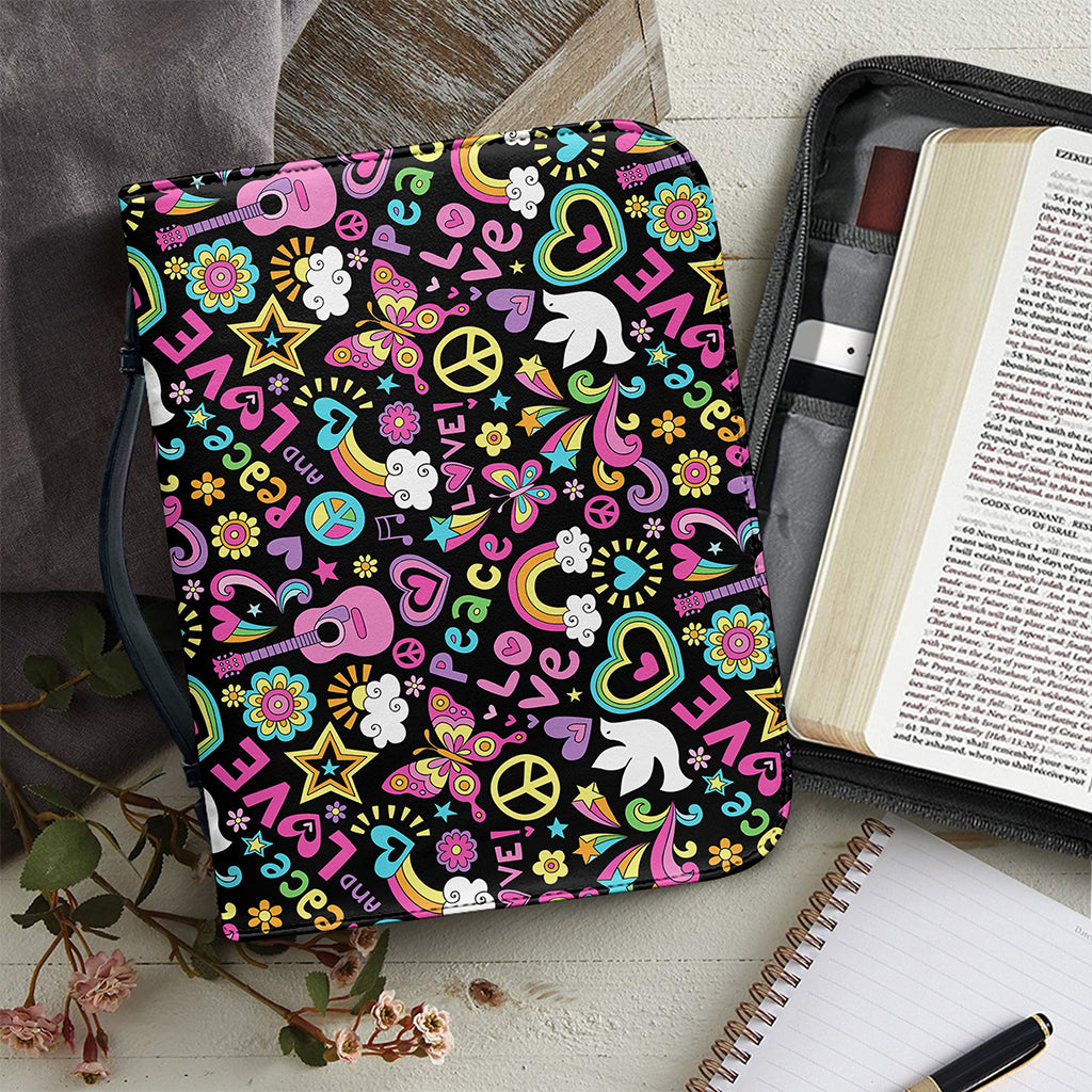 Hippie Peace Sign And Love Pattern Print Leather Bible Cover