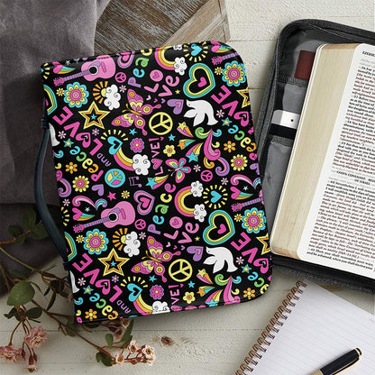 Hippie Peace Sign And Love Pattern Print Leather Bible Cover