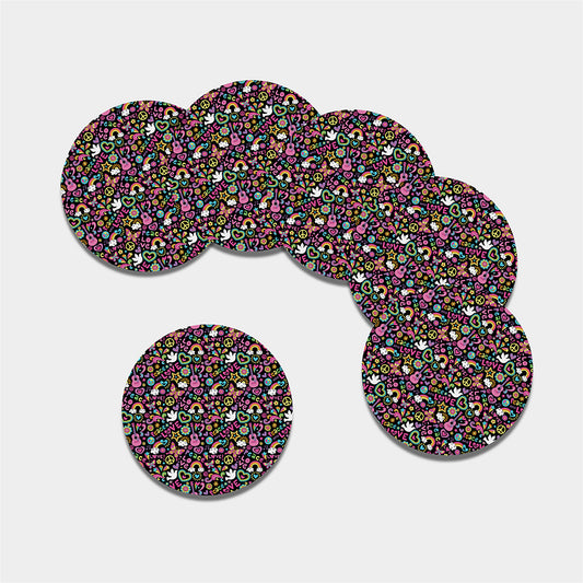 Hippie Peace Sign And Love Pattern Print Leather Coaster Set