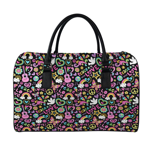 Hippie Peace Sign And Love Pattern Print Leather Duffle Bag
