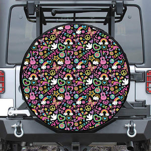 Hippie Peace Sign And Love Pattern Print Leather Spare Tire Cover