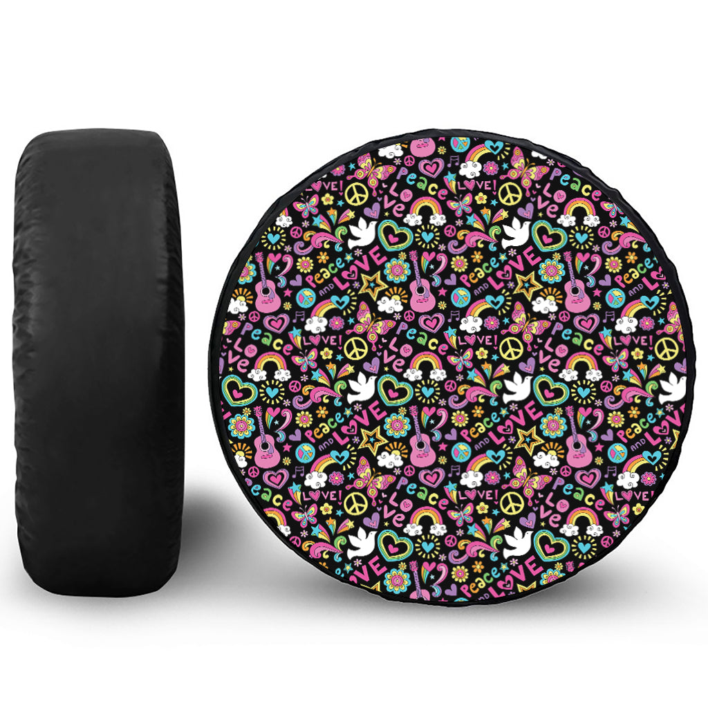 Hippie Peace Sign And Love Pattern Print Leather Spare Tire Cover