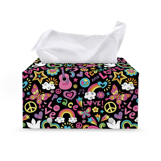 Hippie Peace Sign And Love Pattern Print Leather Tissue Box Cover