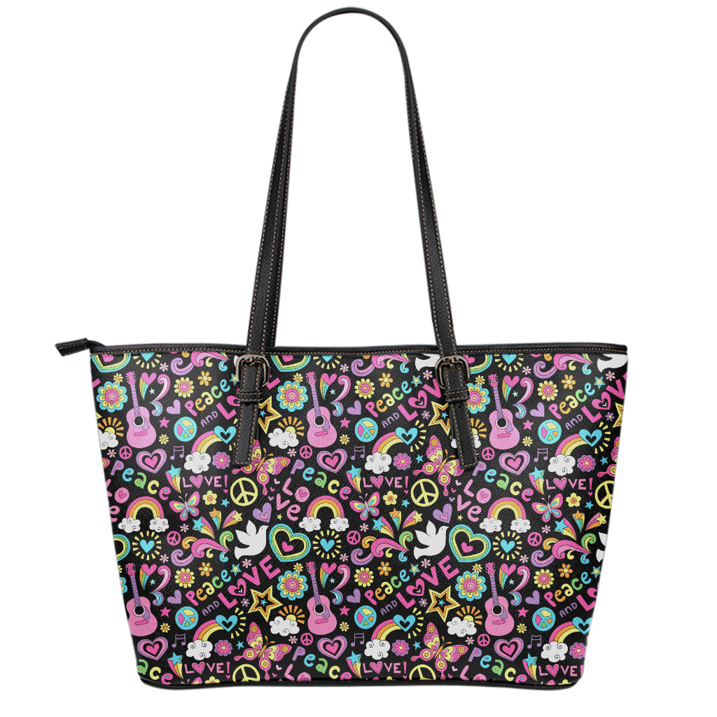 Hippie Peace Sign And Love Pattern Print Leather Tote Bag