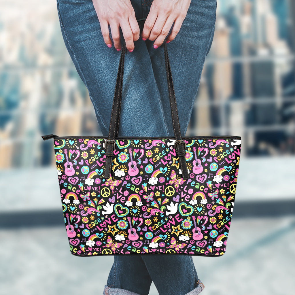 Hippie Peace Sign And Love Pattern Print Leather Tote Bag