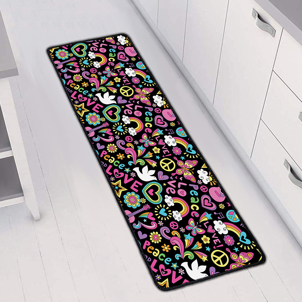 Hippie Peace Sign And Love Pattern Print Long Kitchen Mat