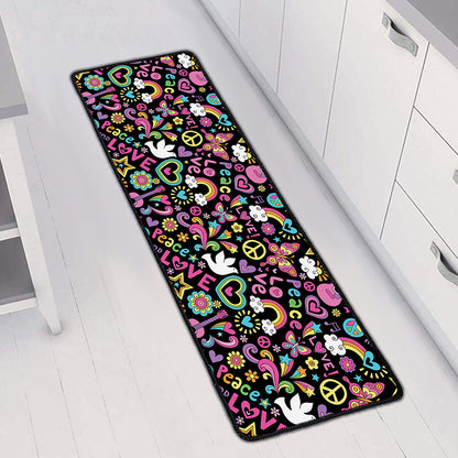 Hippie Peace Sign And Love Pattern Print Long Kitchen Mat