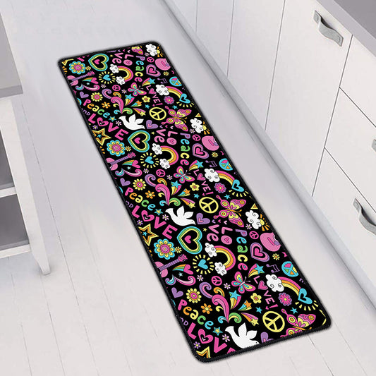Hippie Peace Sign And Love Pattern Print Long Kitchen Mat