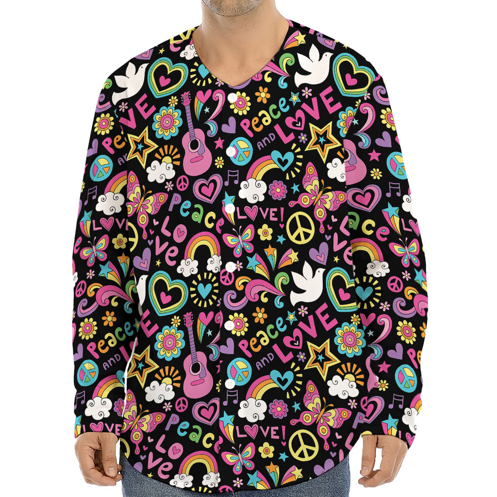 Hippie Peace Sign And Love Pattern Print Long Sleeve Baseball Jersey