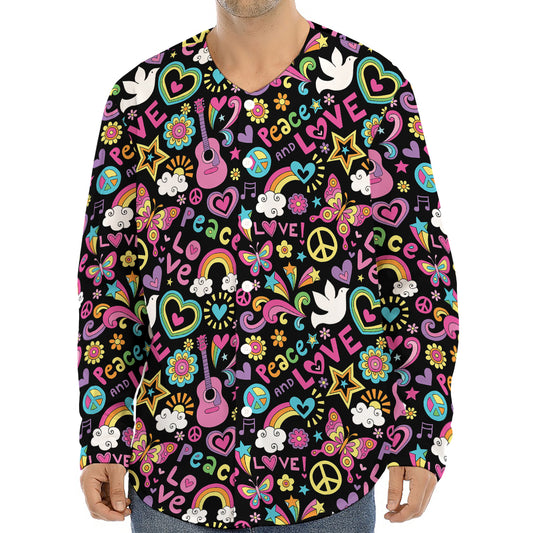 Hippie Peace Sign And Love Pattern Print Long Sleeve Baseball Jersey