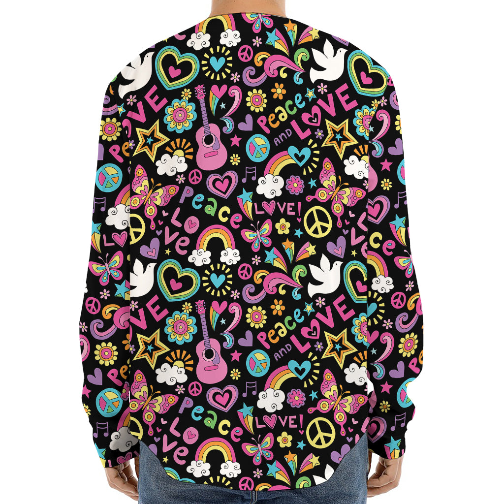 Hippie Peace Sign And Love Pattern Print Long Sleeve Baseball Jersey