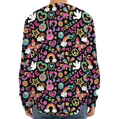 Hippie Peace Sign And Love Pattern Print Long Sleeve Baseball Jersey