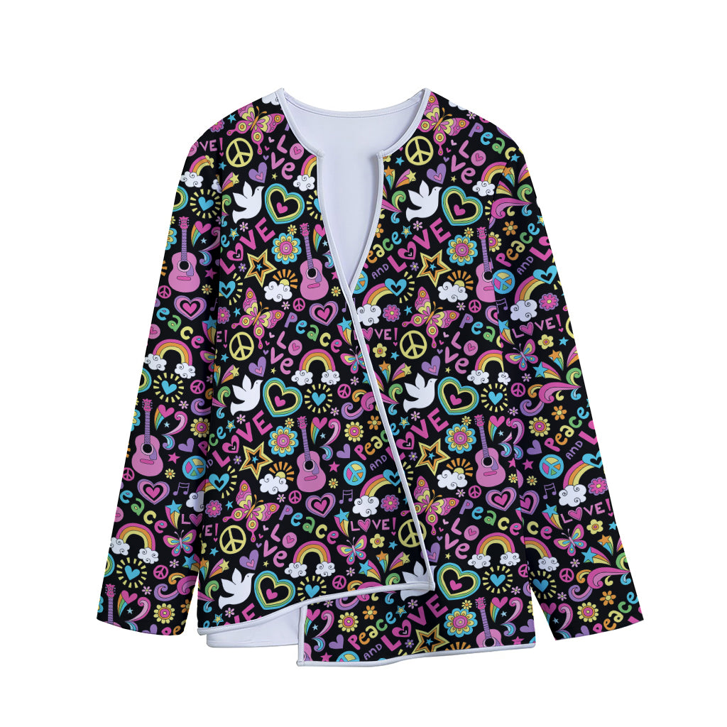 Hippie Peace Sign And Love Pattern Print Long Sleeve Short Coat