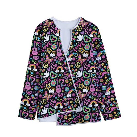 Hippie Peace Sign And Love Pattern Print Long Sleeve Short Coat