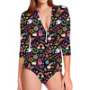 Hippie Peace Sign And Love Pattern Print Long Sleeve Swimsuit