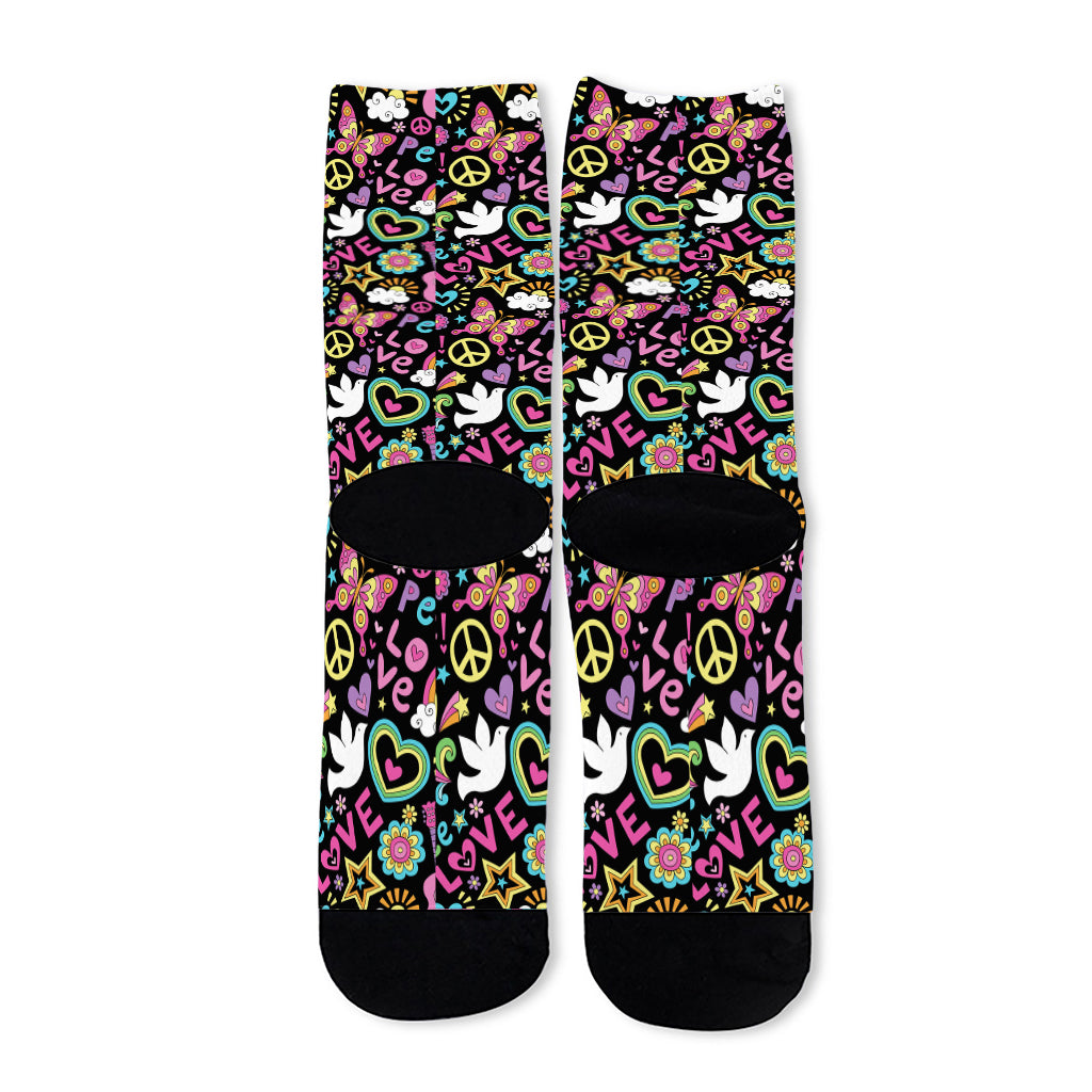 Hippie Peace Sign And Love Pattern Print Long Socks