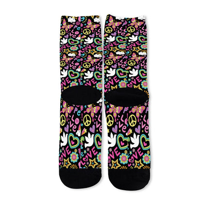 Hippie Peace Sign And Love Pattern Print Long Socks