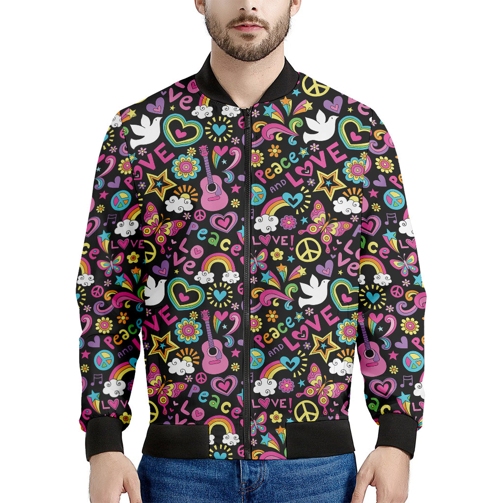Hippie Peace Sign And Love Pattern Print Men's Bomber Jacket