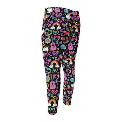 Hippie Peace Sign And Love Pattern Print Men's Compression Pants