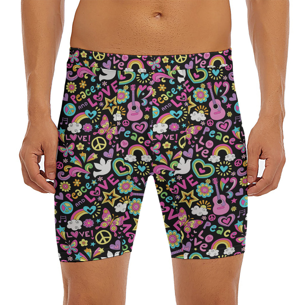 Hippie Peace Sign And Love Pattern Print Men's Long Boxer Briefs